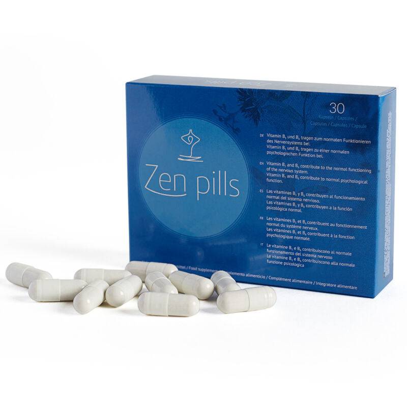 500COSMETICS Zen Pills capsules for anxiety relief, showing the bottle and sample capsules on a clean surface.