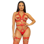 LEG AVENUE - KINK - STUDDED O-RING HARNESS TEDDY SIZE S - RED