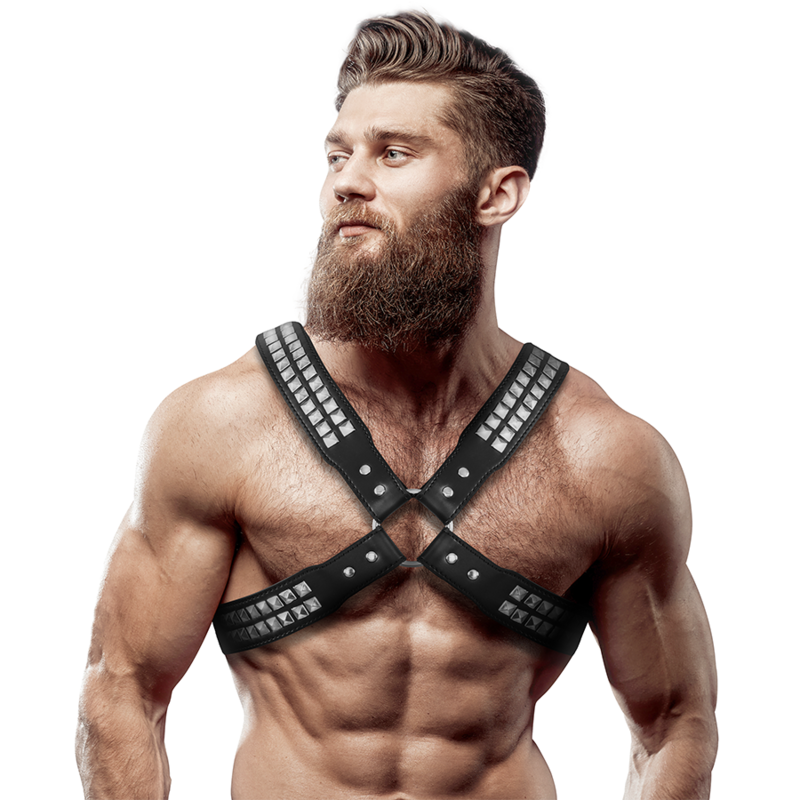 FETISH SUBMISSIVE ATTITUDE - MENS CROSSED CHEST ECO-LEATHER HARNESS WITH RIVETS