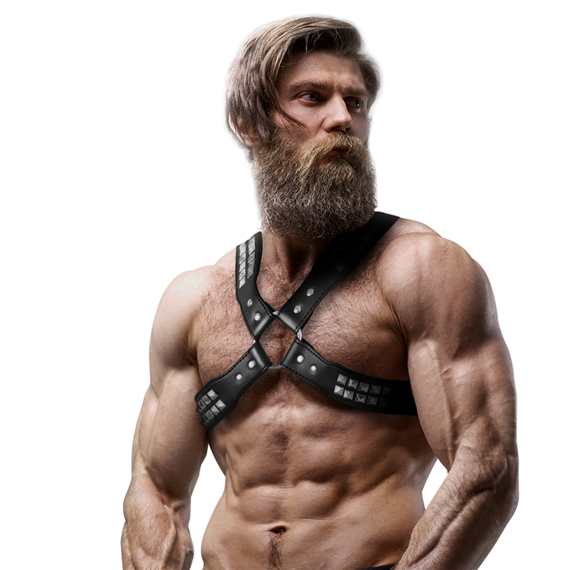 FETISH SUBMISSIVE ATTITUDE - MENS CROSSED CHEST ECO-LEATHER HARNESS WITH RIVETS