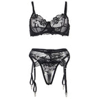 SUBBLIME - SET OF 3 PIECES BRA + THONG + GARTER FLORAL PRINT BLACK S/M
