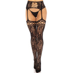 LEG AVENUE - FLORAL LACE GARTER STOCKINGS BLACK