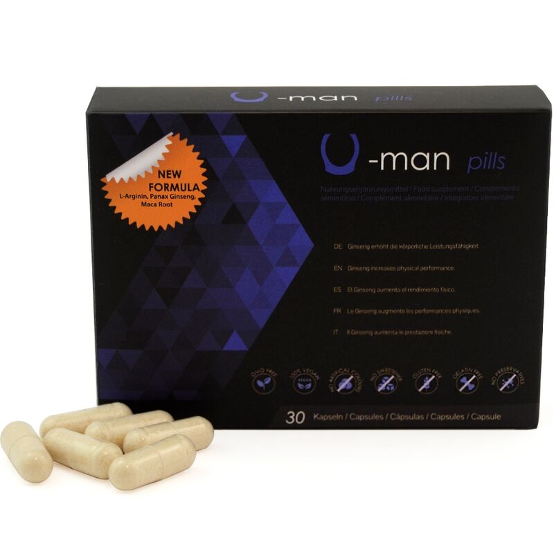 500COSMETICS U-Man capsules for enhancing penis size and sexual power, featuring 30 supplement capsules for male enhancement.