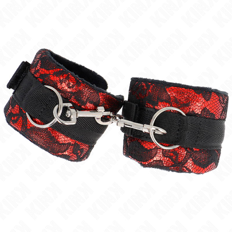 KINK - KURZE HANDGELENKFESSELN AUS SAMTSPITZE UND NYLONFESSELN ROT/SCHWARZ 23 X 6,5 CM