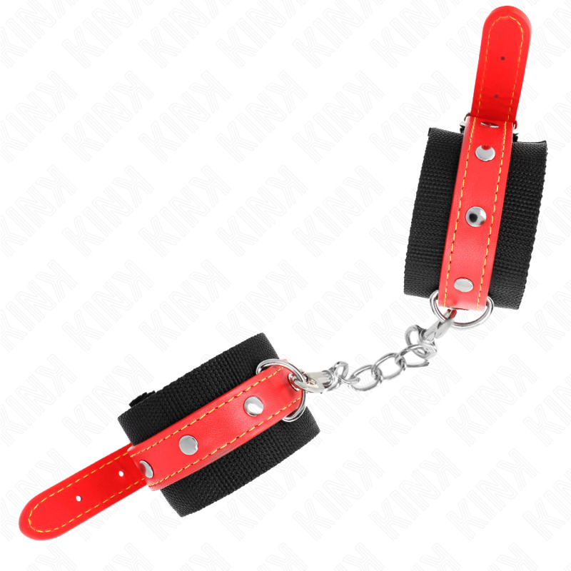 KINK - NYLON HANDFESSELN SCHWARZ MIT KUNSTLEDER ROT VERSTELLBAR 19-24 CM X 5,5 CM