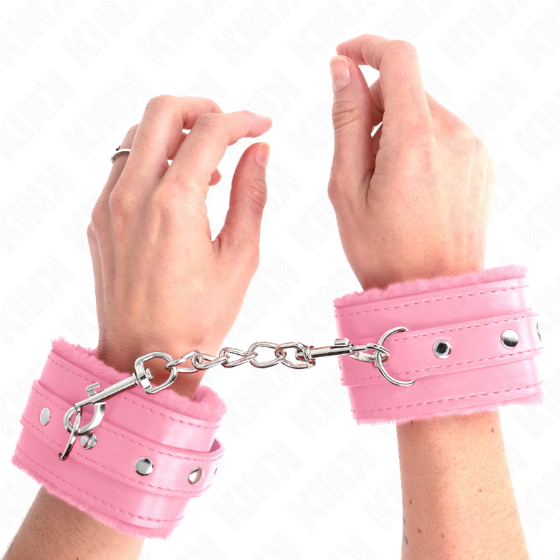 KINK - PREMIUM PELZGEFÜTTERTE HANDGELENKFESSELN PINK MIT PINKEM GÜRTEL, VERSTELLBAR 17-29 CM X 6 CM