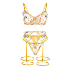 SUBBLIME - 954352 BRA + THONG + GARTER BELT FLORAL DESIGN YELLOW L/XL
