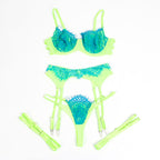 SUBBLIME - 955311 SET OF BRA WITH LACE AND GARTER LINES GREEN AND BLUE S/M