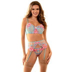 SUBBLIME - 957643 FLOWER EMBROIDERED BRA AND GARTER BELT SET PINK S/M