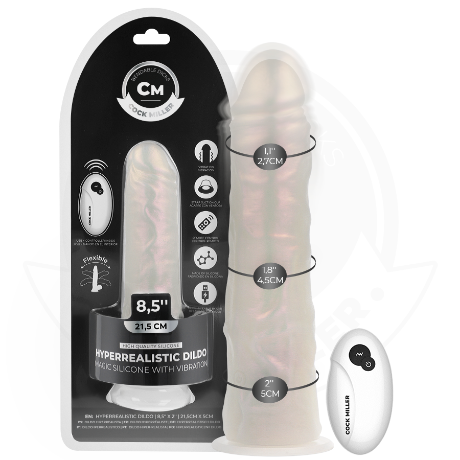 COCK MILLER - DILDO MIT SAUGNÄPFEN, LICHTERN UND VIBRATION MIT FERNBEDIENUNG WEISS 21,5 CM